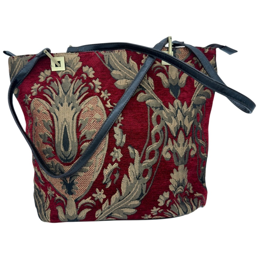 BUENO Woven Tapestry Tote‎ Bag Red Gold Jacquard Shoulder Bag Zip Top